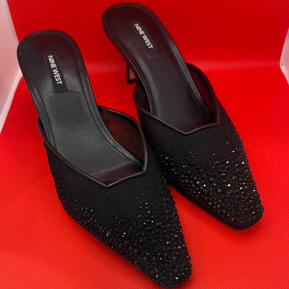 Nine West Shoes - Nine West Black Crystal-Studded Pointed Mule Heels